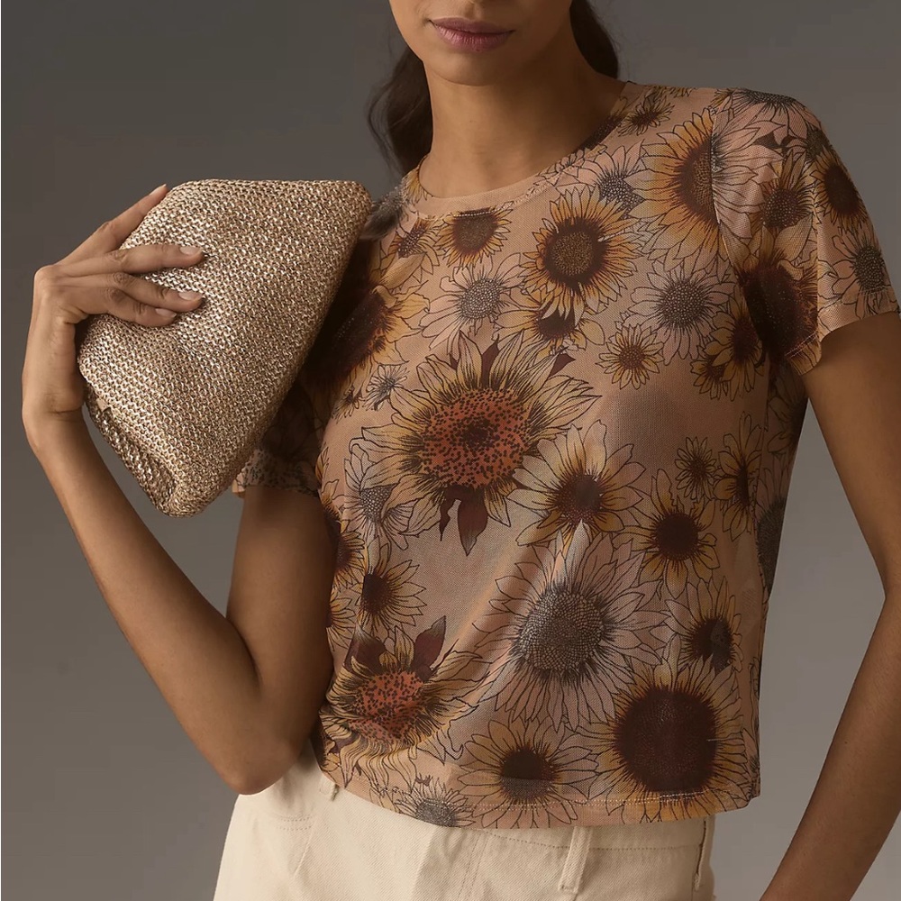 Anthropologie - Porridge Mesh Half-Sleeve Top - Yellow Motif M
